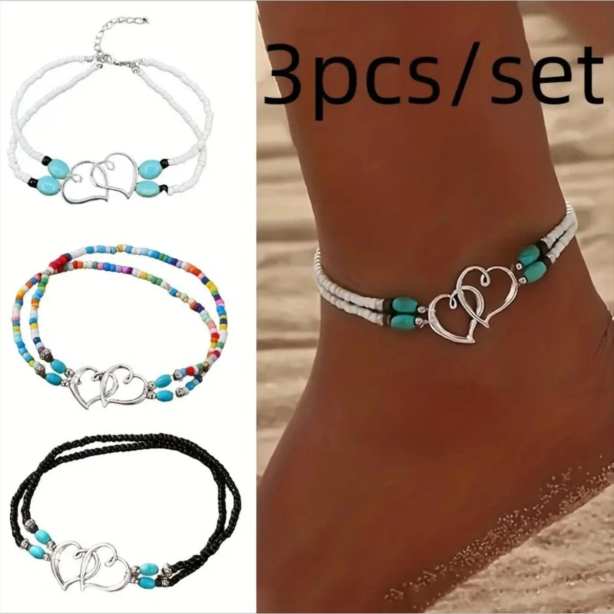 Female 3-Piece Boho Charm Anklets - Multi-Layered Beaded Heart Alloy Jewelry, Leisure & Outdoor Accessory for Summer Beach Vacation