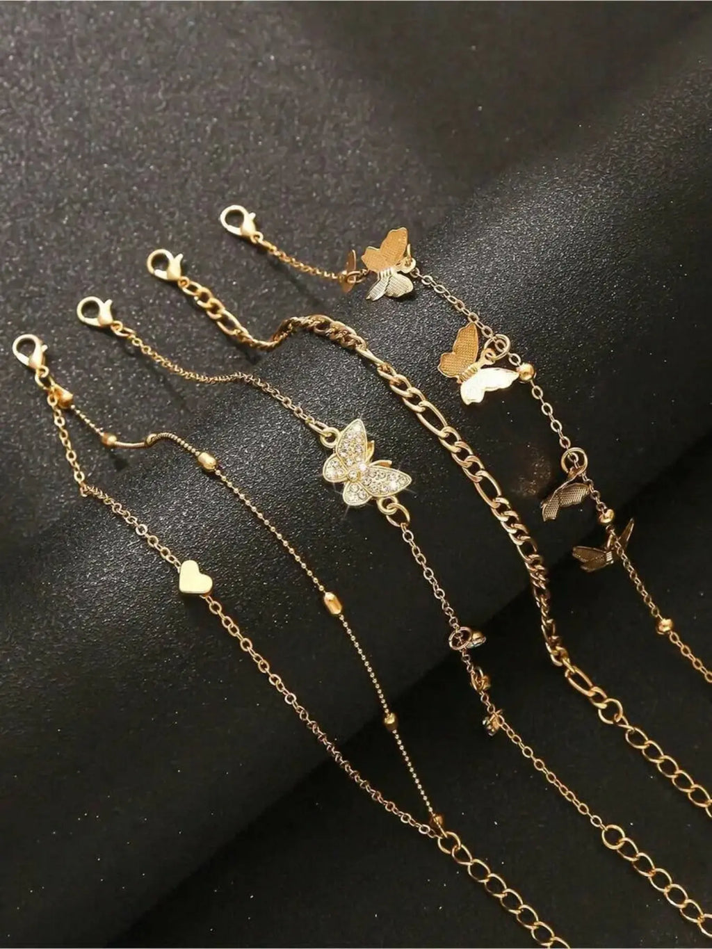 Butterfly Heart Beaded Multi-Layer Anklet Set, Fashion Jewelry, Vintage Bohemian Style, Sparkling Faux Diamond Design, Perfect for Summer Beach Parties, Boho Style Jewelry