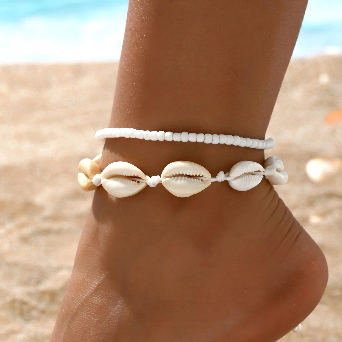 2PCS Bohemia Natural Shell Anklets For Women Small Resin Beads Summer Beach Shell Barefoot Ankle Bracelet Leg Chain Foot Jewelry