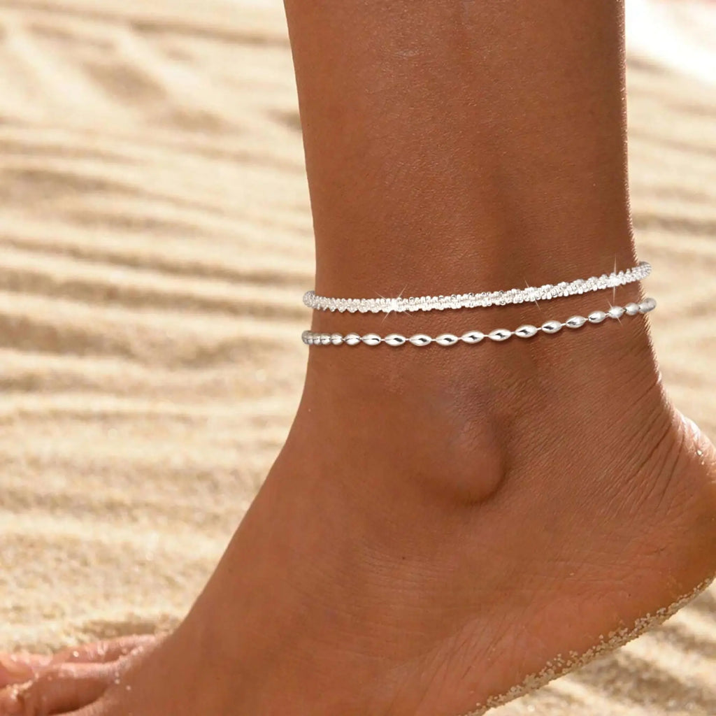2 PCS Stainless Steel Anklet Bracelets Set for Women Waterproof Cuban Link Anklet Beaded Bracelets Adjustable Bracelets Jewelry Summer Beach Vacation Dating Gift Valentine's Day Gift