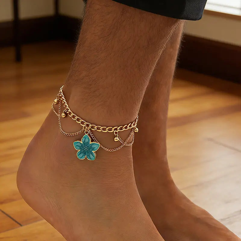 Fashion Layered Flower Charm Anklet for Women Golden Cuban Link Chain Tassel Waterproof Ankle Bracelet Adjustable Beach Vacation Foot Jewelry Summer Accessories