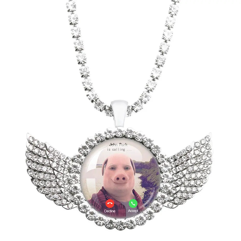 Whimsical John Pork Calling Phone Graphic Pig Necklace - Costume Jewelry for Women, Quirky Gift Accessories for Women, Moon Design POP Style Necklaces