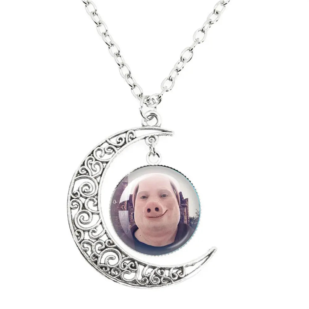 Whimsical John Pork Calling Phone Graphic Pig Necklace - Costume Jewelry for Women, Quirky Gift Accessories for Women, Moon Design POP Style Necklaces