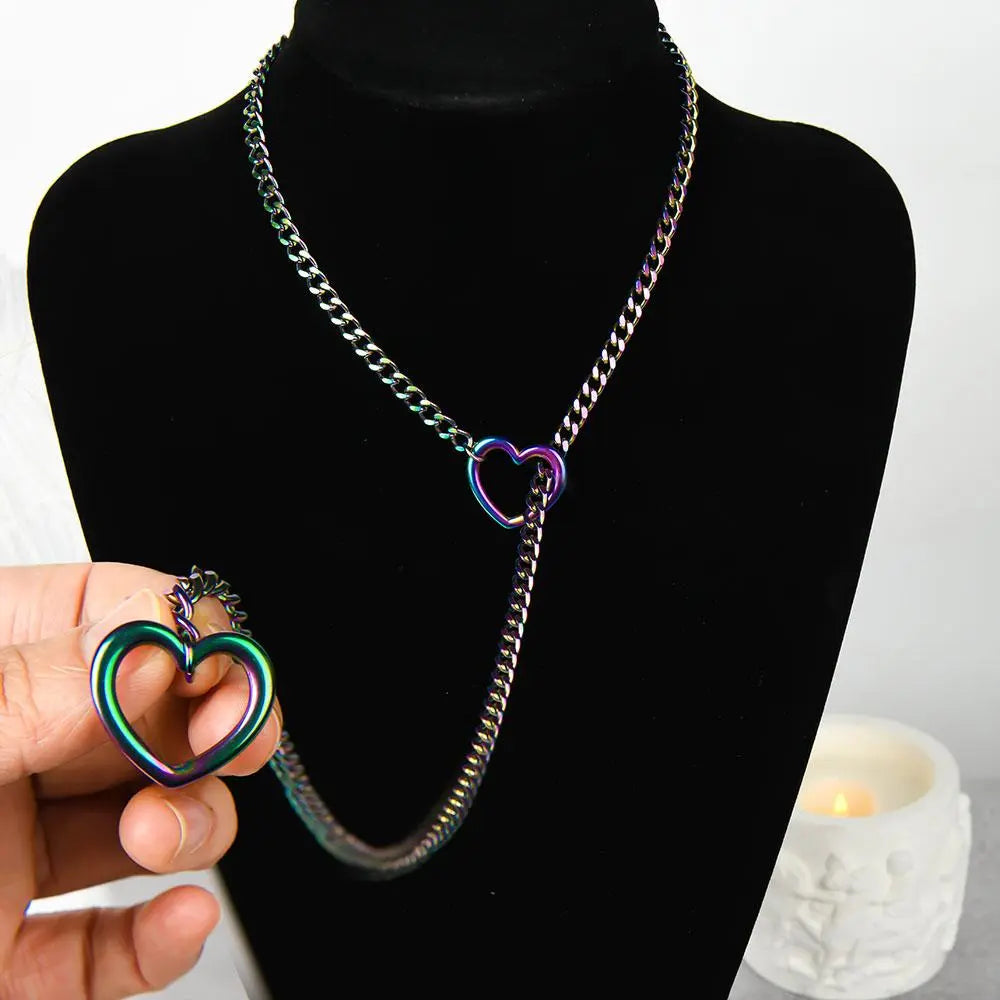 Women's Heart-Shaped Aesthetic Punk Rock Cuban Sliding Chain Necklace - Adjustable O-Shaped Lasso Y-Style, Customizable Elegant Fit Fashion Jewelry Accessories, Sweet Necklaces for Everyday Wear or Gifting,sohochic