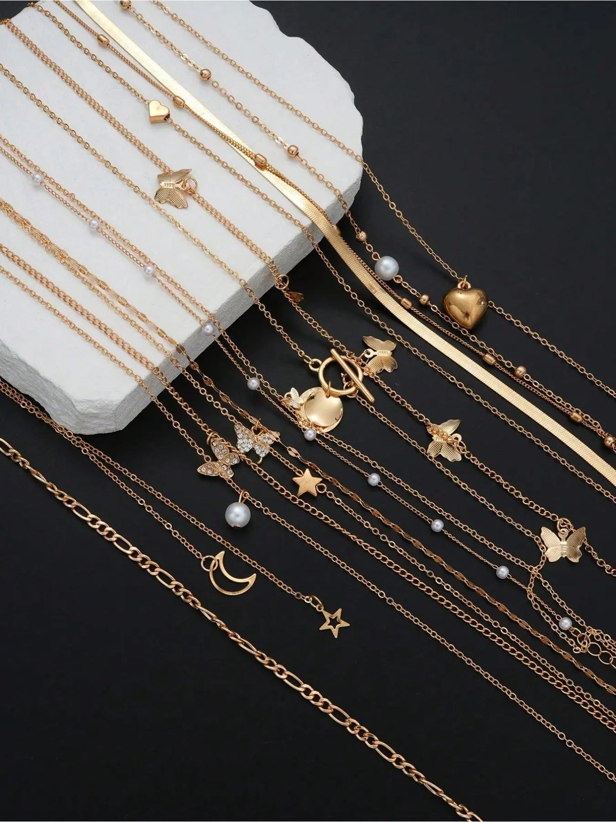 Mother's Day Gift 13pcs Minimalist Heart, Butterfly, Star, Moon & Disc Faux Pearl Assorted Necklaces Gift Set For Women, Gift For Date, Vacation And Daily Wear, Jewelry Accessories, Dainty Layering, Fashionable Jewelry Set