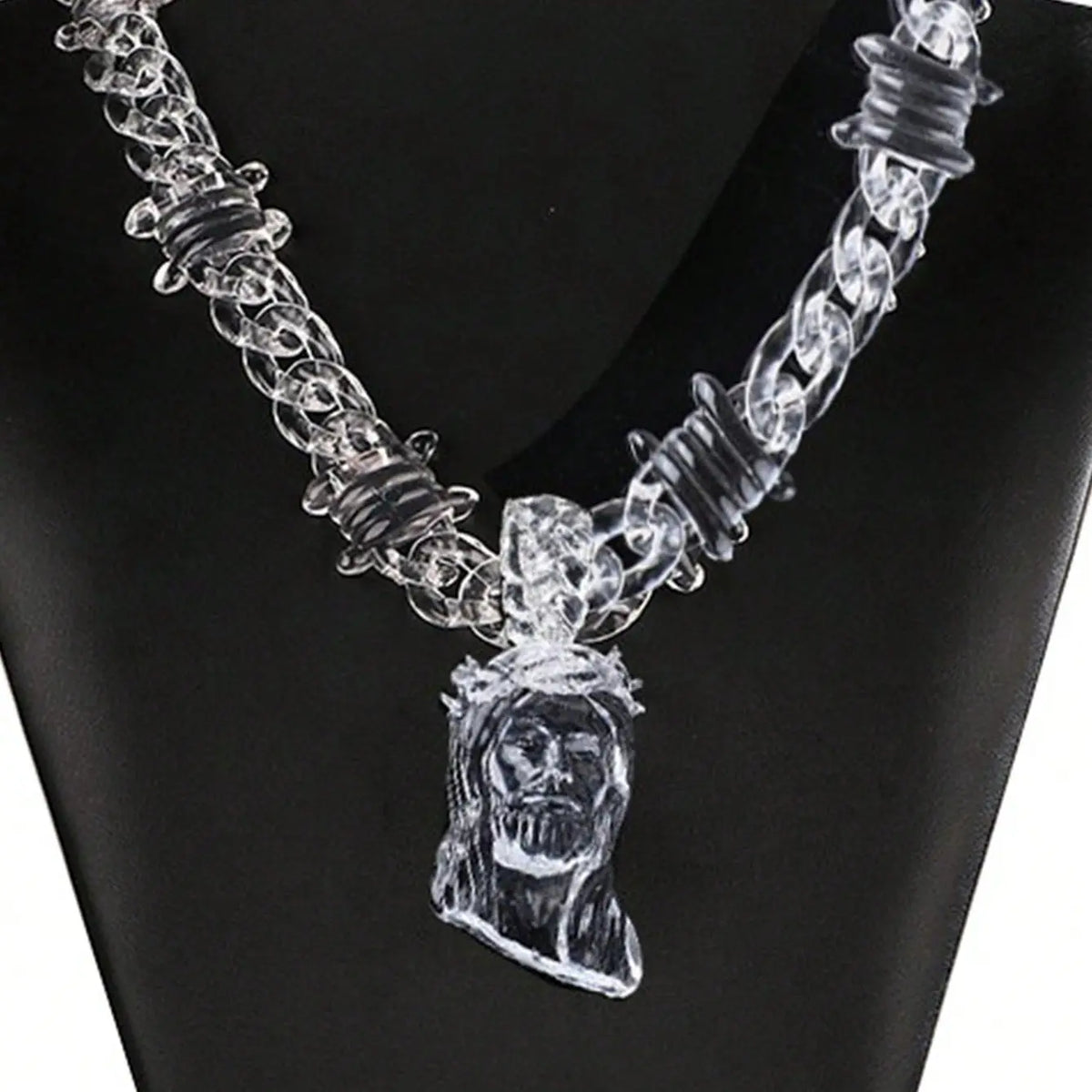 FaithFilledFinds Jesus Pendant Clear Barbed Wire Chain Necklace for Men, Women, Boys, Girls, Trendy Daily Wear Necklace for Streetwear, Birthday Gifts, Christmas Gifts, and Party Accessories，men necklace，women necklace，streetwear jewelry，y2k necklace,soho
