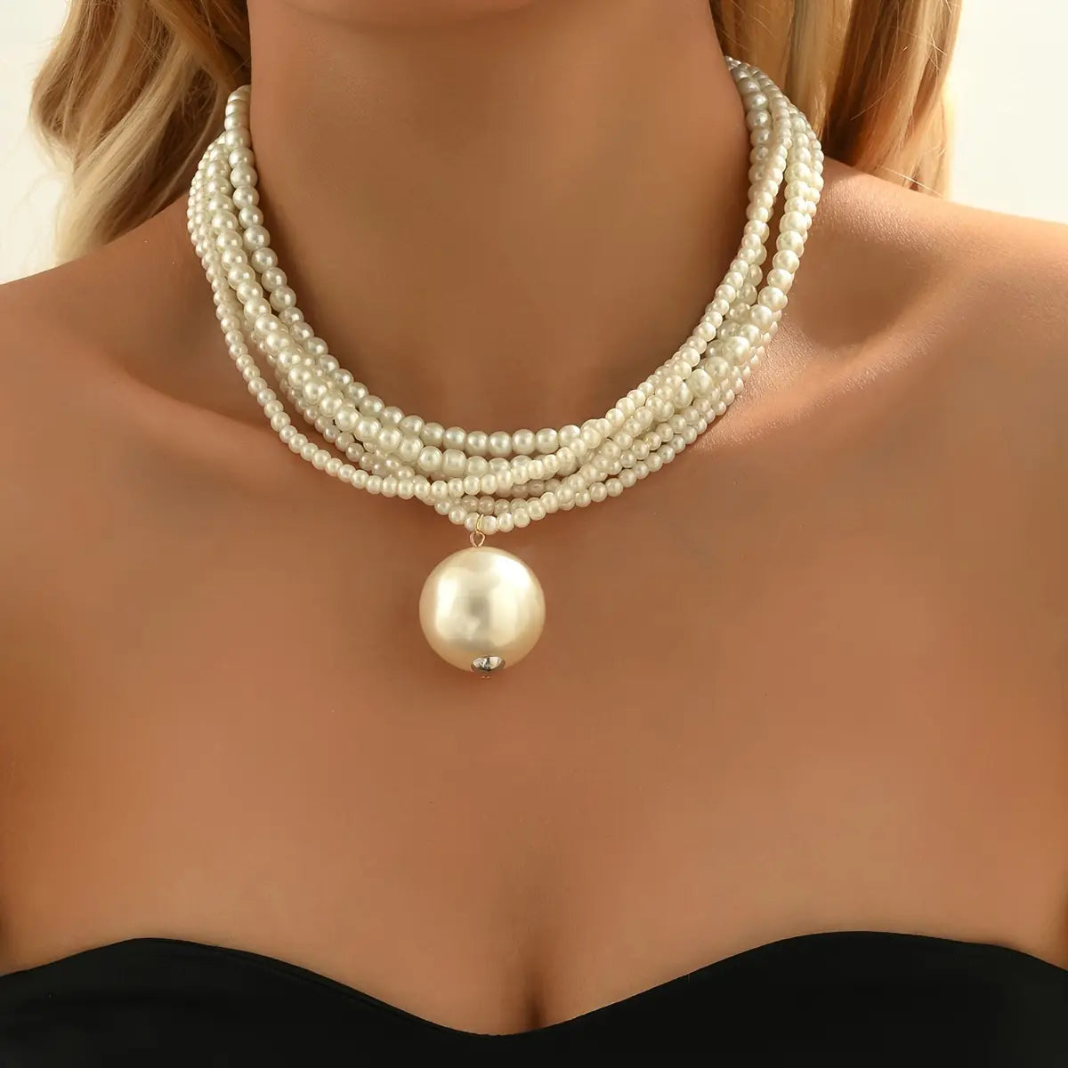 Luxurious Multi-Layer Bead Necklace Large Faux Pearl Round Pendant Elegant Women Handmade Stackable Artificial Pearls Necklace Vintage Adjustable Clavicle Chain Party Birthday Wedding Engagement Anniversary Jewelry