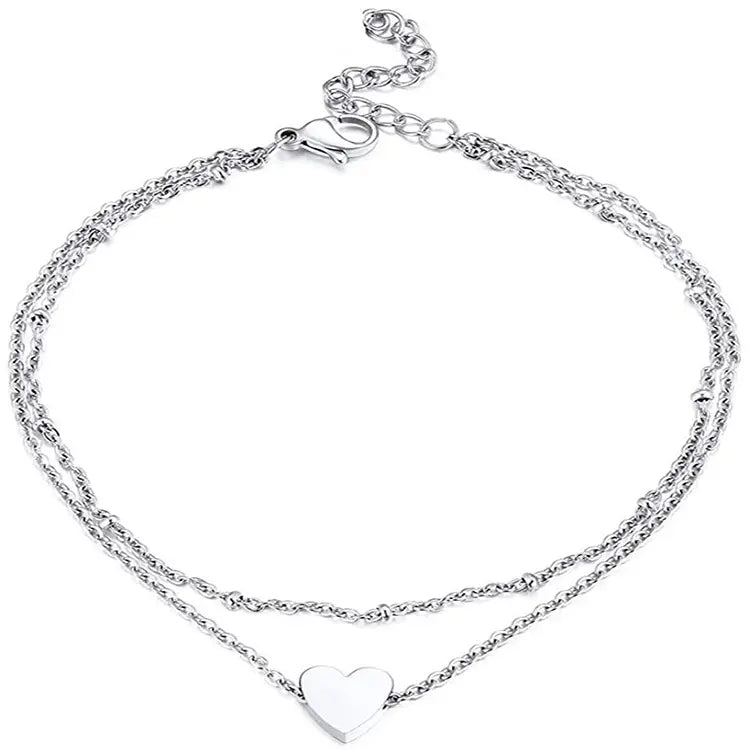 1Pcs Stainless Steel Initial Ankle Bracelets for Women Layered Dainty Heart Anklet Beaded Anklets for Women Waterproof Plus Size Ankle Foot Chain Summer Essentials Jewelry