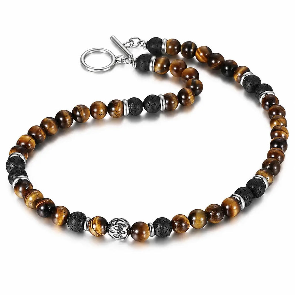 Men's 8mm Natural Tiger Eye & Lava Bead Beaded Chain Necklace - Stainless Steel Toggle Clasp, 18/20/24in, Black Onyx Accessory, Handmade, Natural Stone Pendant, Men's Jewelry, Mens Gifts, Christening/Wedding Bold Accent,sohochic