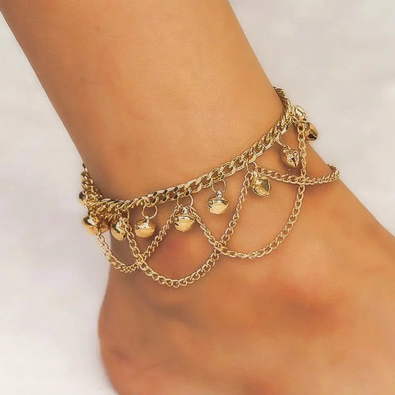 Women's Vintage Multi-layer Bell Pendant Anklet - Female Bohemian Jewellery, Tassels, Lightweight Artificial Gemstone Beach Foot Accessory, Sweet Boho Gift Idea