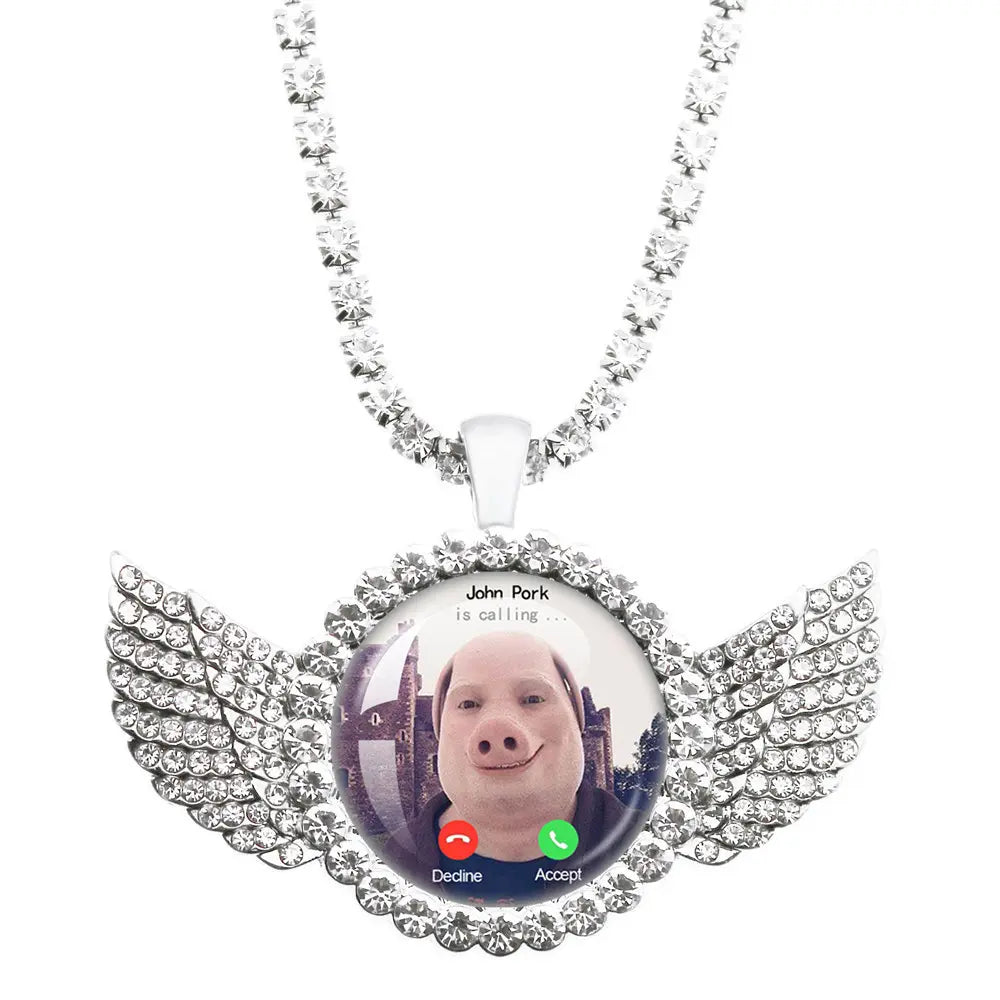 Whimsical John Pork Calling Phone Graphic Pig Necklace - Costume Jewelry for Women, Quirky Gift Accessories for Women, Moon Design POP Style Necklaces