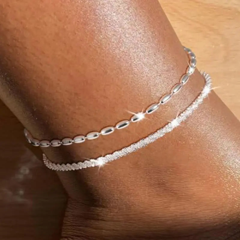 2 PCS Stainless Steel Anklet Bracelets Set for Women Waterproof Cuban Link Anklet Beaded Bracelets Adjustable Bracelets Jewelry Summer Beach Vacation Dating Gift Valentine's Day Gift