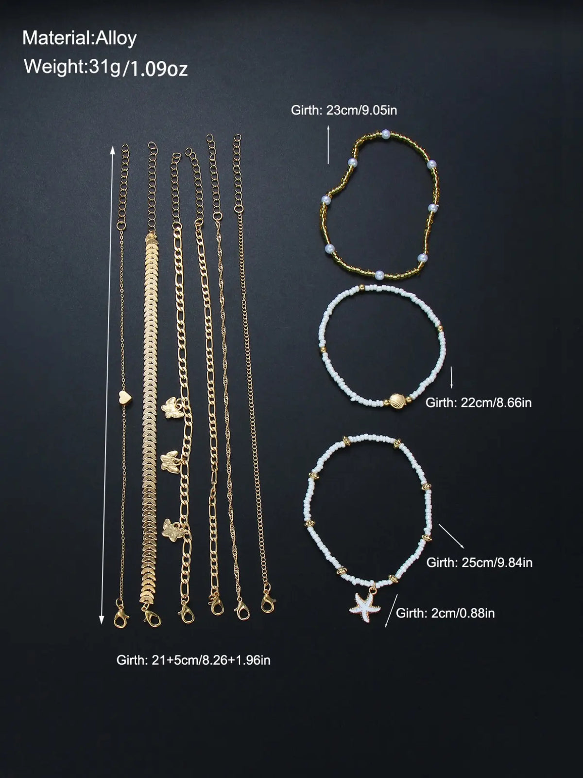 10 Pcs Women's Ankle Chains, Anklets, Boho Style, Heart Star Bead Butterfly Shell Imitation Pearl, Casual All Seasons, Summer Jewelry, Perfect for Parties and Gifts
