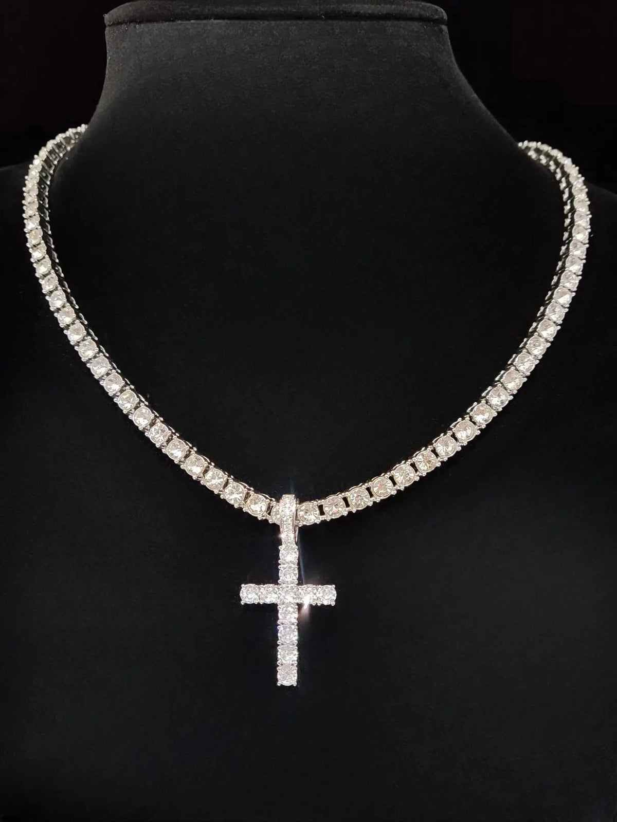 Men's Street Style Artificial Zircon Inlaid Cross Pendant & Cuban Links Chain Necklace, Fashion Jewelry for Party, Daily Decor, Trendy All-match & Exquisite Jewelry for Birthday Gift
