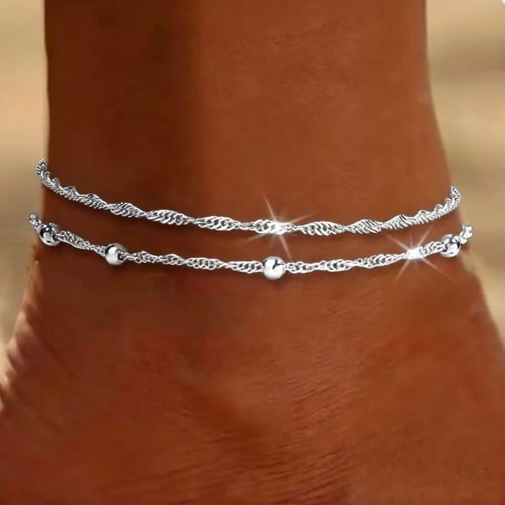 TEWIKY Dainty Layered Waterproof Anklet For Women Adjustable Womens Anklet Set Stackable Figaro Beaded Cuban Link Anklets Daily Clothing Decor For Beach Summer Trendy All-match & Exquisite Jewelry For Valentine's Day gifts