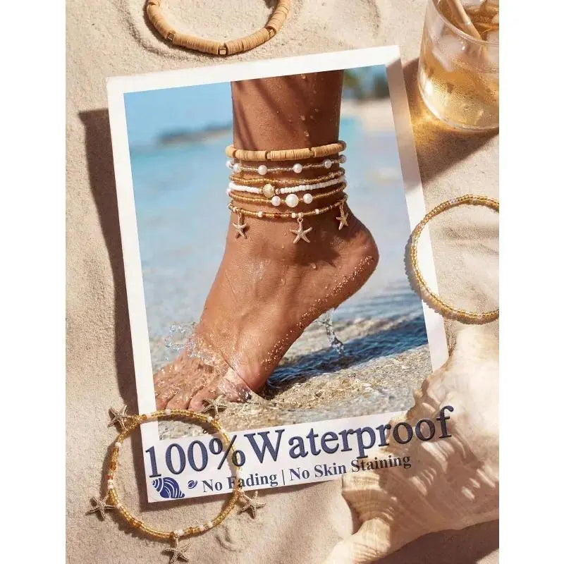 CASSIECA 6Pcs Ankle Bracelets for Women Waterproof Beaded Anklet Bracelet Set Layered Boho Starfish Seashell Summer Beach Jewelry