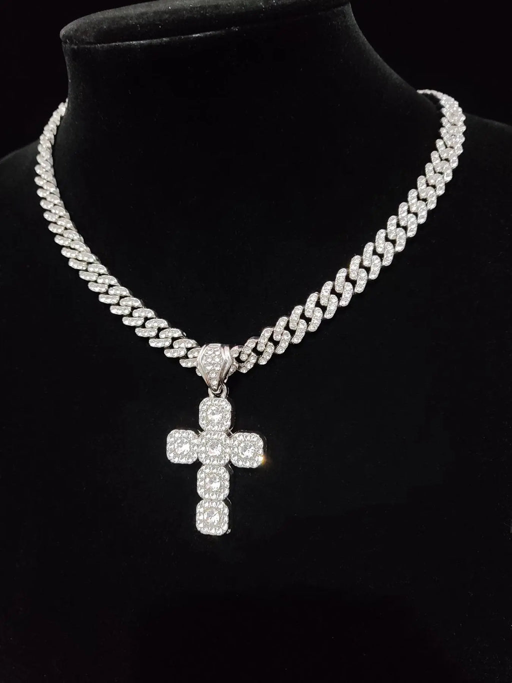Fashion Cross Design Pendant Fully Rhinestone-Decorated Cuban Link Chain Necklace, Unisex Casual Jewelry for Party and Daily Wear