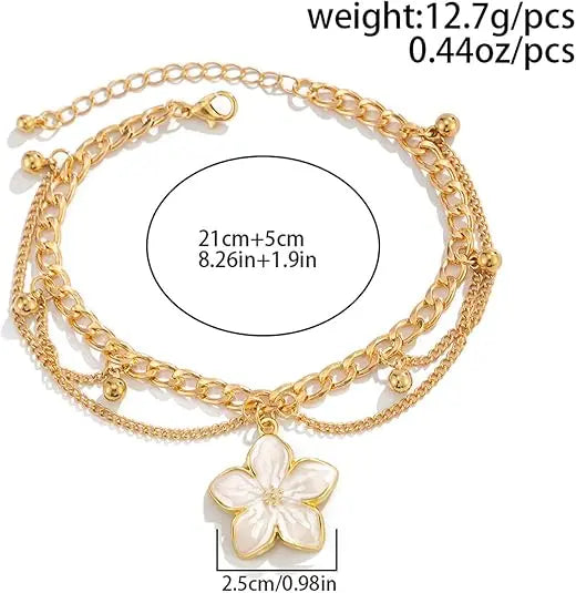 Fashion Layered Flower Charm Anklet for Women Golden Cuban Link Chain Tassel Waterproof Ankle Bracelet Adjustable Beach Vacation Foot Jewelry Summer Accessories