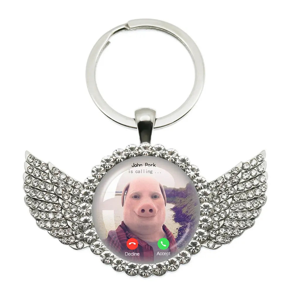Whimsical John Pork Calling Phone Graphic Pig Necklace - Costume Jewelry for Women, Quirky Gift Accessories for Women, Moon Design POP Style Necklaces