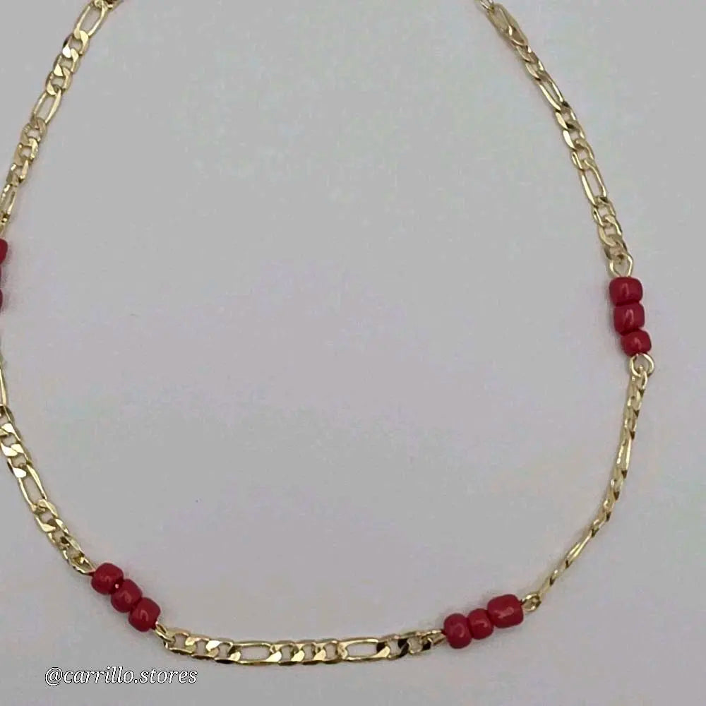 Ankle bracelet fashion style with red beads  protection figaro link 8 to 11 inches GOLD-PLATED Anklet