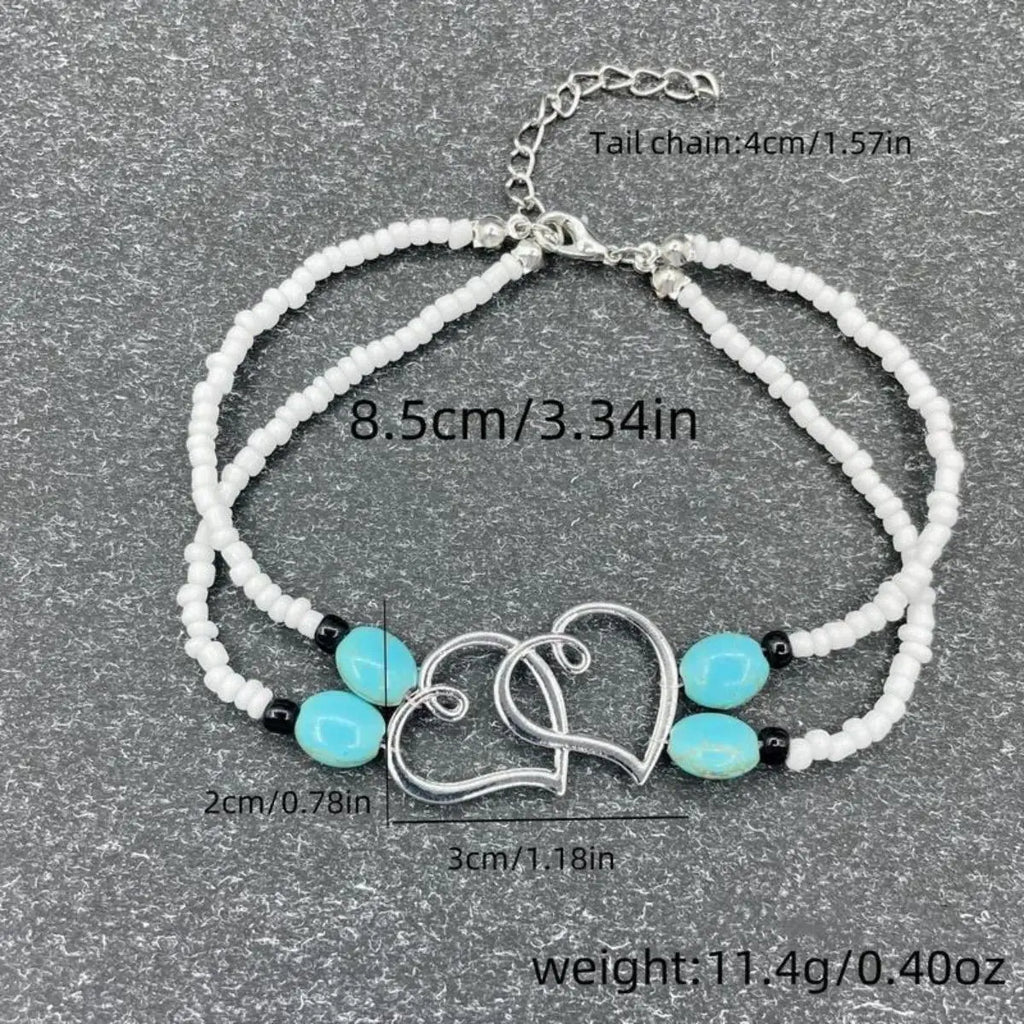 Women's 3-Piece Boho Chic Beaded Heart Charm Multi-Layer Anklets - Bohemian Body Jewelry with Exquisite Double-Layer Design, Ideal for Summer Vacation, Beach, Fashion Gift