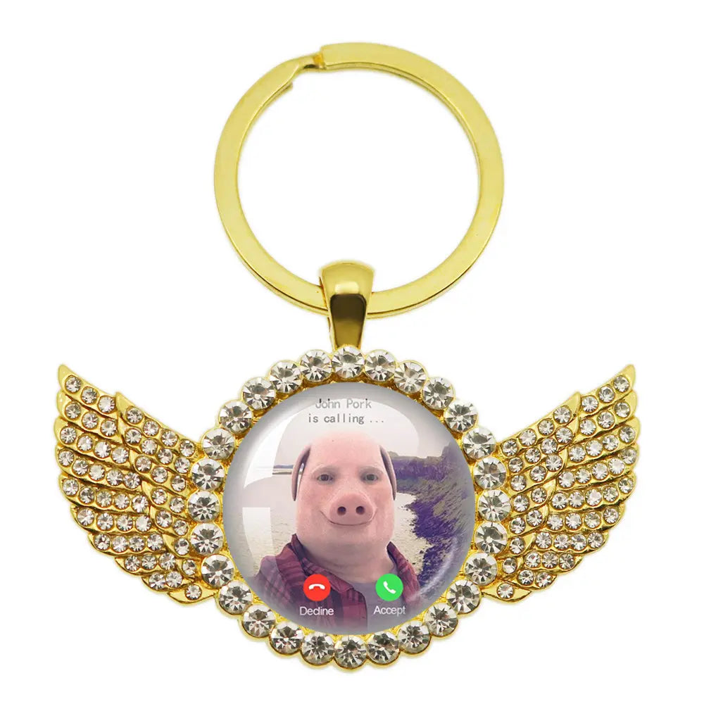 Whimsical John Pork Calling Phone Graphic Pig Necklace - Costume Jewelry for Women, Quirky Gift Accessories for Women, Moon Design POP Style Necklaces