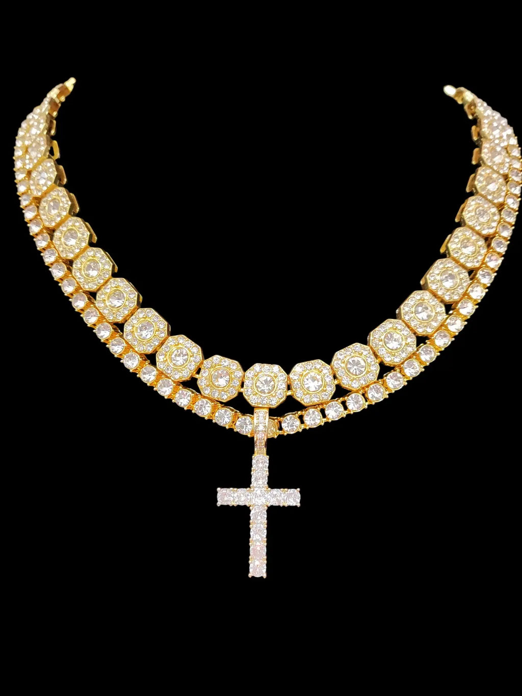 Men's Street Style Artificial Zircon Inlaid Cross Pendant & Cuban Links Chain Necklace, Fashion Jewelry for Party, Daily Decor, Trendy All-match & Exquisite Jewelry for Birthday Gift