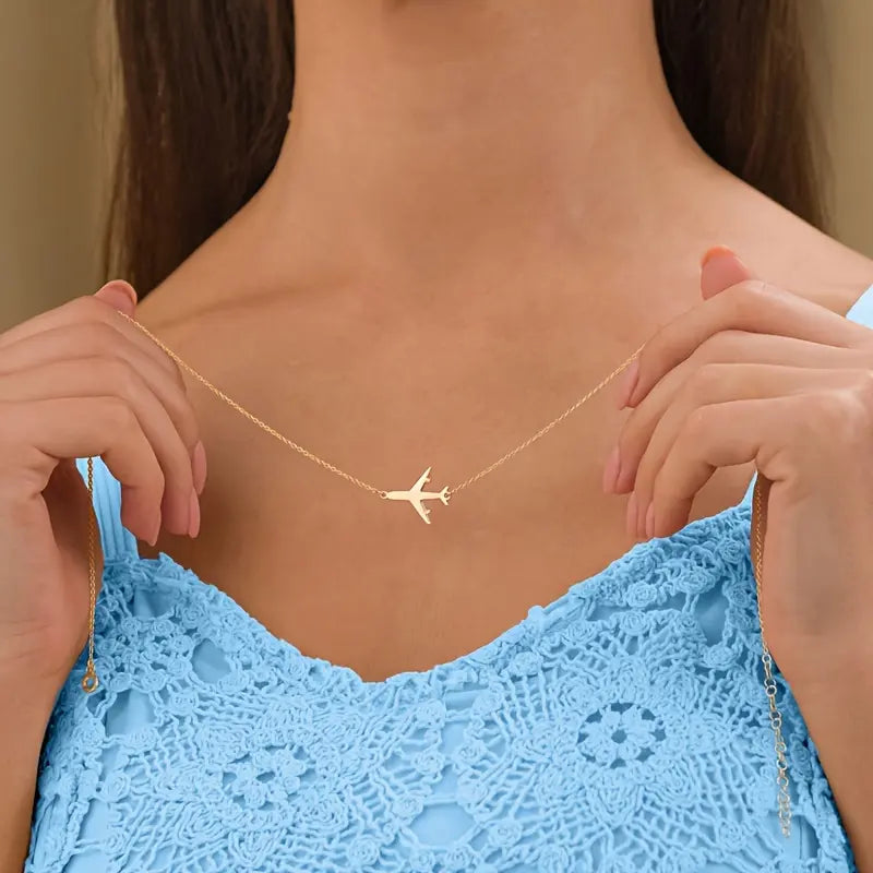 Women's Gold-Tone Metal Airplane Charm Necklace - Elegant Everyday Statement, Luxe Minimalist Polished Look Pendant Jewelry, Thoughtful Gifts for Women Birthday Present for Female