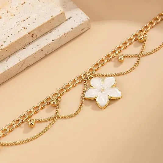 Fashion Layered Flower Charm Anklet for Women Golden Cuban Link Chain Tassel Waterproof Ankle Bracelet Adjustable Beach Vacation Foot Jewelry Summer Accessories