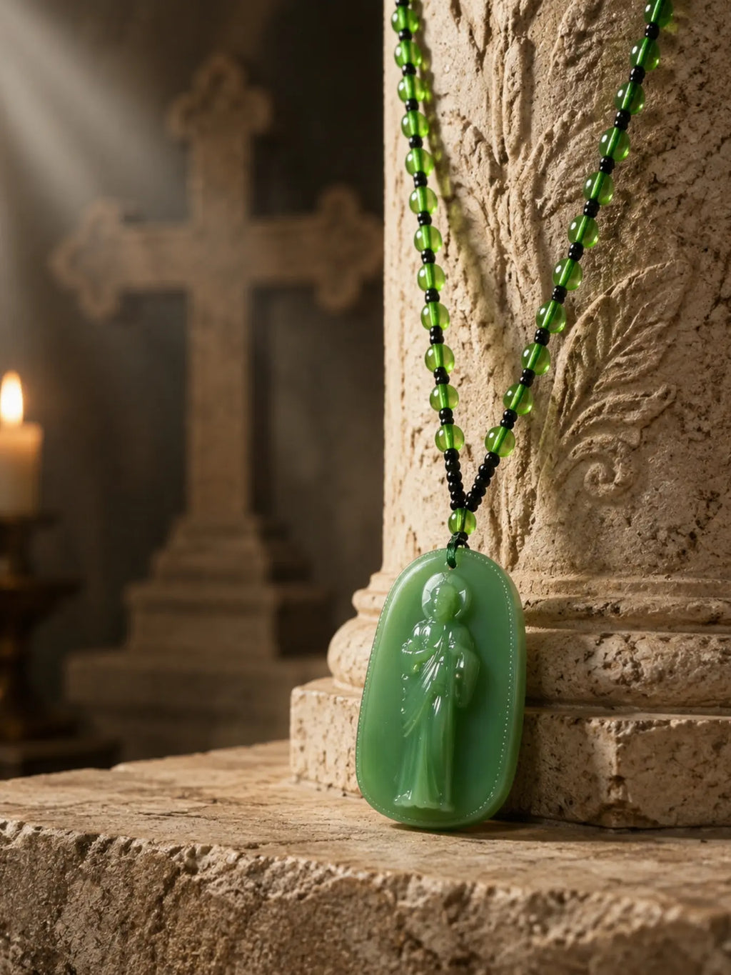 Saint Jude Pendant Necklace, Vintage Guardian Figure Carving Pendant, Gothic Atmosphere Beaded Necklace, Catholic Christian Religious Jewelry，San Judas Tadeo, Collar San Judas, Men's Necklace，Pendants of Jesus and Our Lady of Guadalupe, Catholic