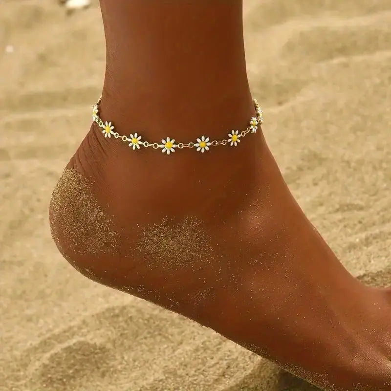 Teen Girls' 1pc Chrysanthemum Daisy Chain Metal Anklet - Trendy Fashionable Jewelry Accessories, Flowers Design, Adds Polished Shine, Summer Daily Costume Jewelry Gift