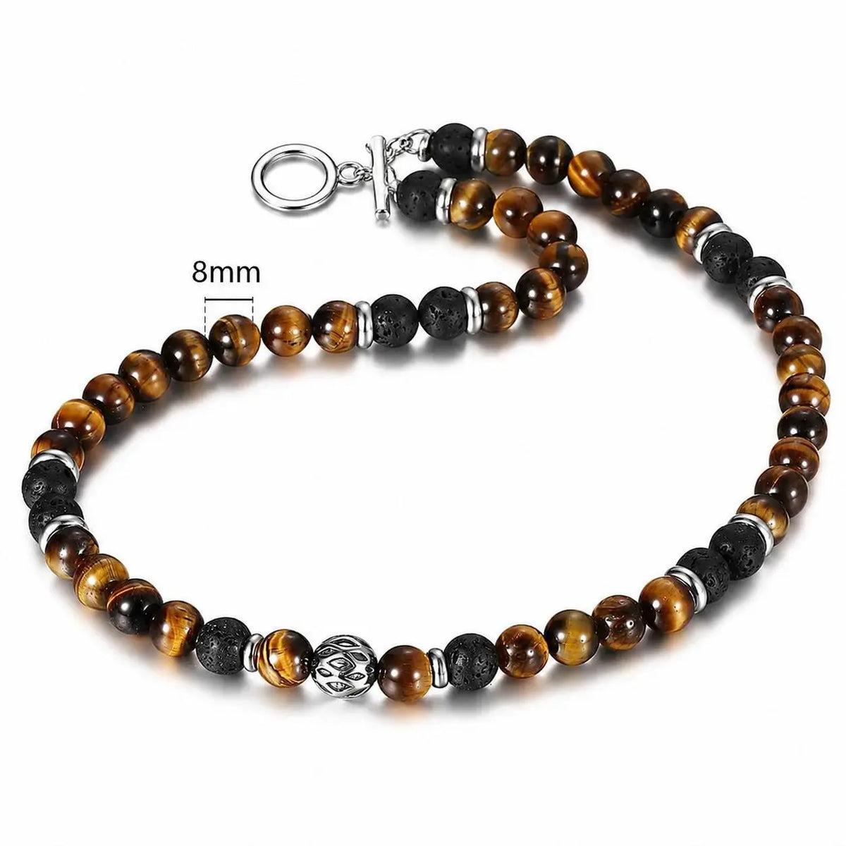 Men's 8mm Natural Tiger Eye & Lava Bead Beaded Chain Necklace - Stainless Steel Toggle Clasp, 18/20/24in, Black Onyx Accessory, Handmade, Natural Stone Pendant, Men's Jewelry, Mens Gifts, Christening/Wedding Bold Accent,sohochic