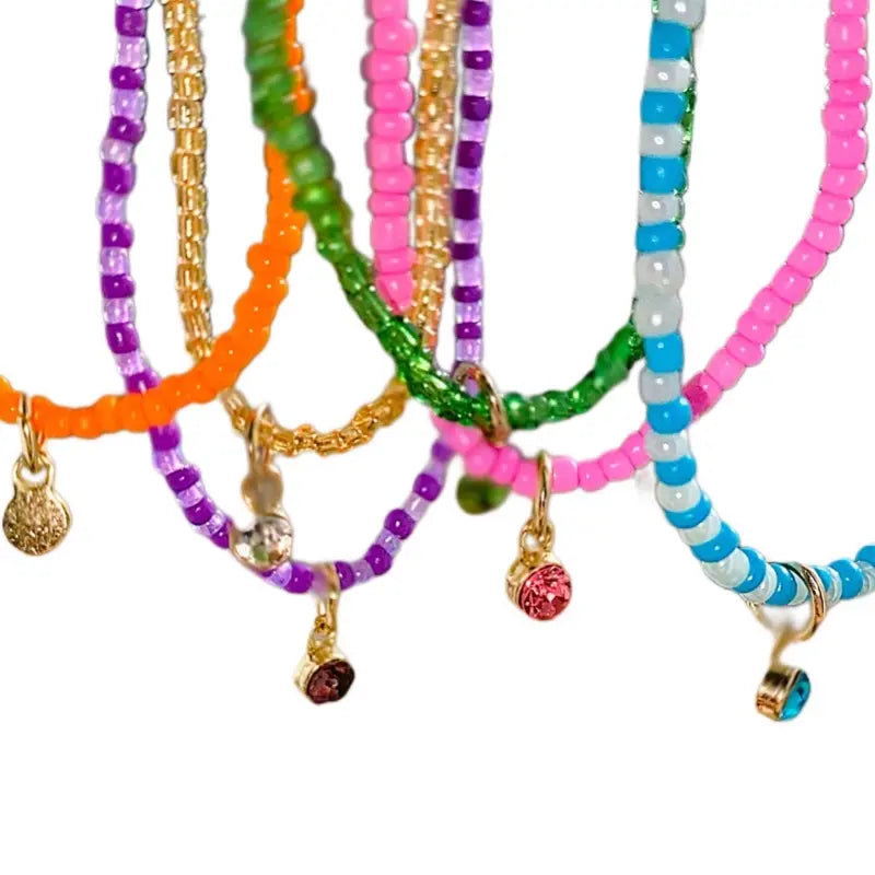 Indigo Z Creations Beaded Anklet Bracelet with Charm - Made with Elastic Band, Not Real Gems, Colorful Beads in Various Shapes