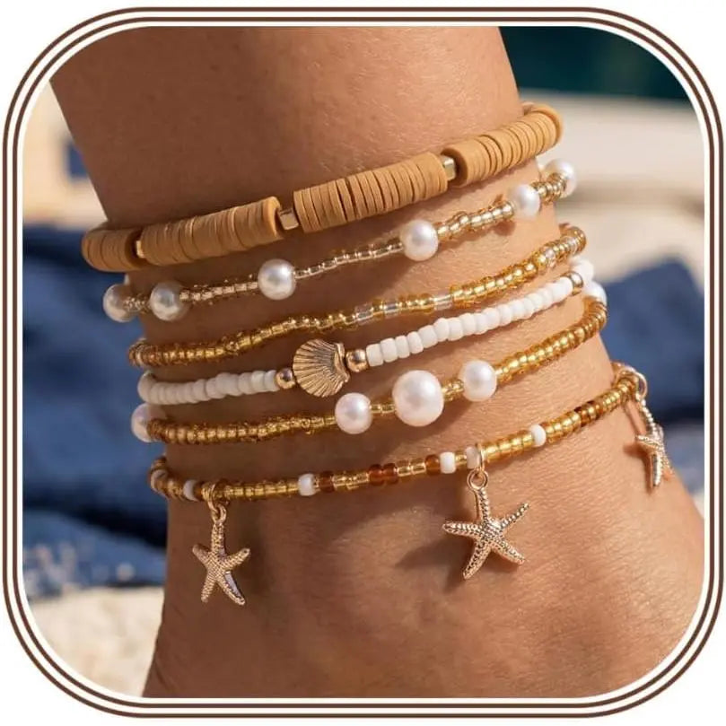 CASSIECA 6Pcs Ankle Bracelets for Women Waterproof Beaded Anklet Bracelet Set Layered Boho Starfish Seashell Summer Beach Jewelry
