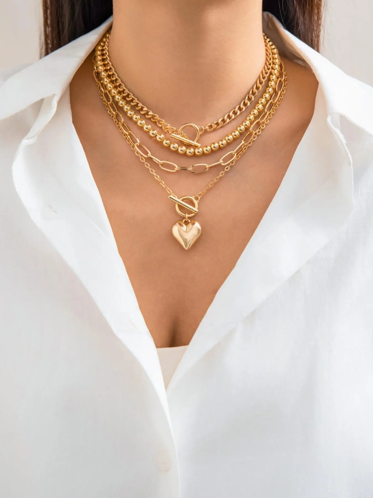 Women's Punk Style Love Heart Necklace & Beaded Necklace, Stackable Clavicle Chain, Multilayer Necklace, Layered necklaces, Stacking Necklace, 4pcs/set Ot Buckle Design Matching Necklaces, Chic All-match As Gift for Girlfriend, Exquisite Jewelry Gift