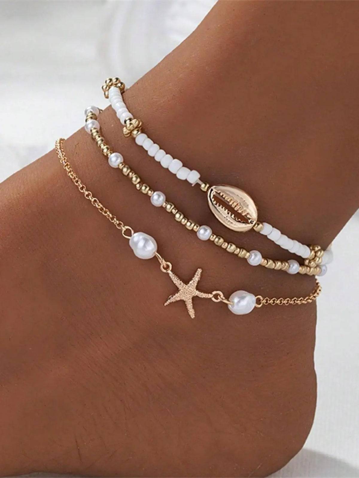 Boho Pearl Shell Pendant Anklet Set, Elastic Multi-Layer Beach Vacation Jewelry, Dainty Layered Anklet, Perfect Gift for Parties and Daily Wear, Foot Jewelry, Jewellery Accessories