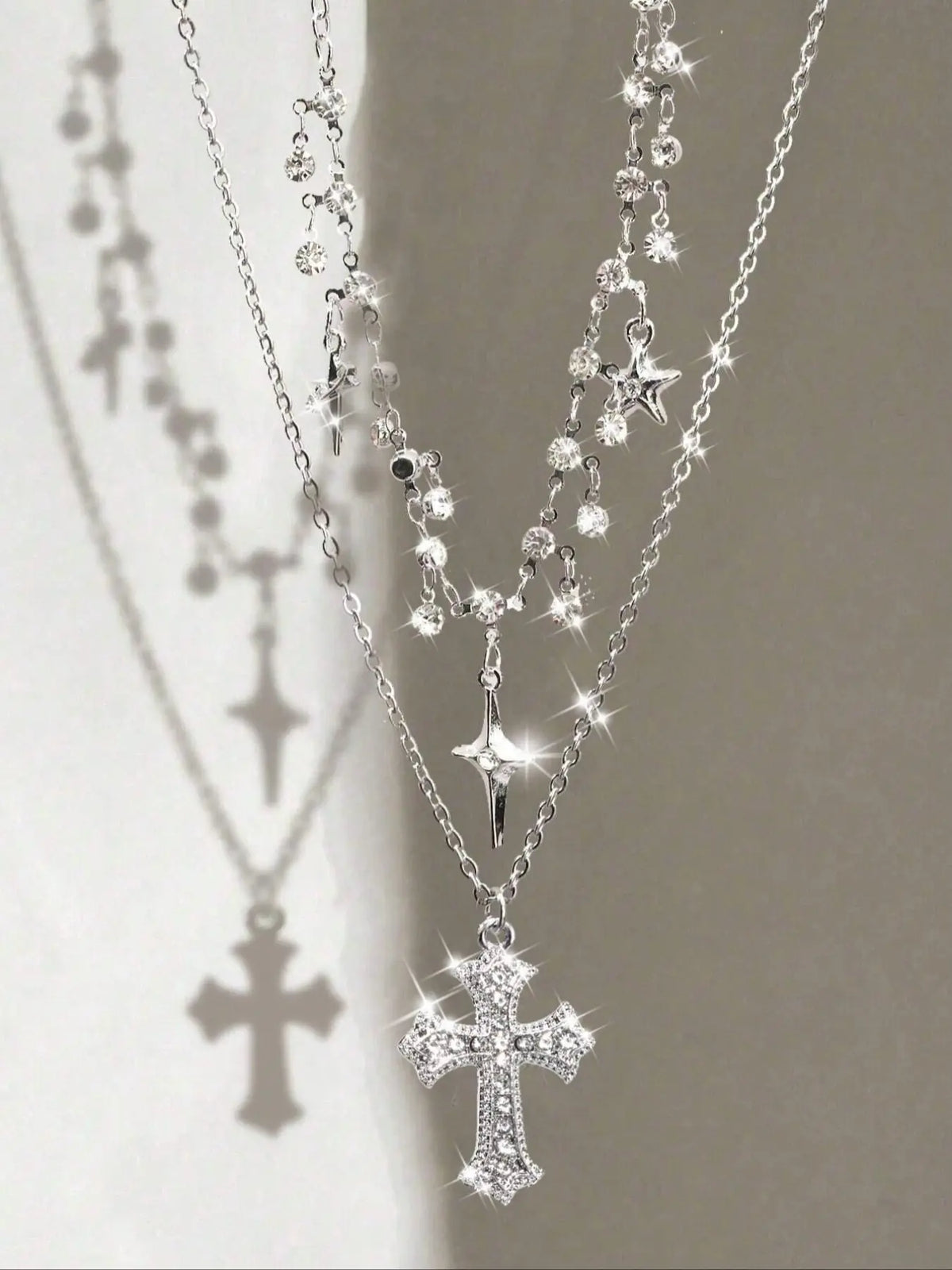 Women's Y2K Multi-Layer Necklace Set, Sparkling Zirconia Gothic Cross Pendant & Star Charm, Elegant Fashion Jewelry for Women, Exquisite Chain Jewelry, Cross Necklaces, Costume Necklaces, Fashion Jewelry Party