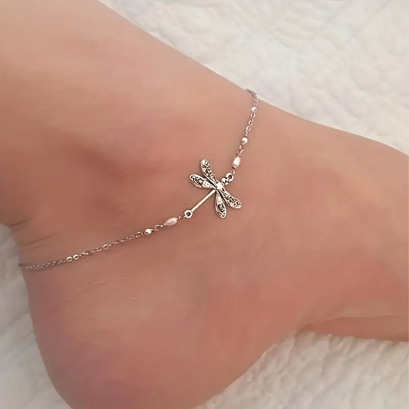 Elegant Bohemian Dragonfly Anklet - Vintage-Inspired Alloy Foot Chain with Delicate Bead Accents, Perfect for Daily Wear & Parties body jewelry