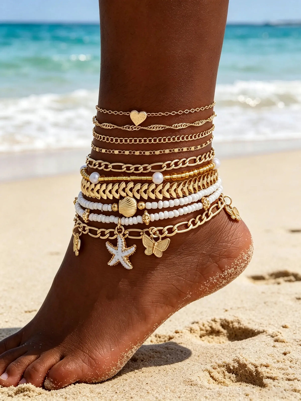 10 Pcs Women's Ankle Chains, Anklets, Boho Style, Heart Star Bead Butterfly Shell Imitation Pearl, Casual All Seasons, Summer Jewelry, Perfect for Parties and Gifts