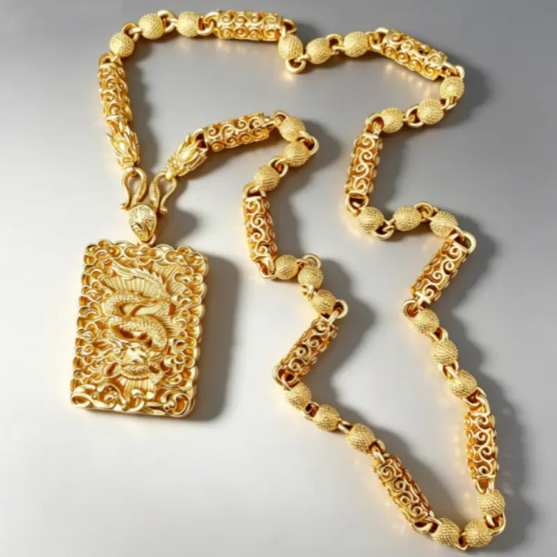 Men's Chunky Gold-Plated Gold Dragon Design Necklace - High-Polish Bold Intricate Statement Pendant, Exquisite Costume Jewelry for Husband, Special Events Daily Wear, Powerful Gift Symbolizing Power, Good Fortune, Strength