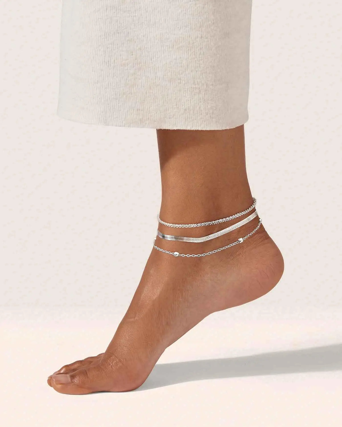 Tewiky Women's Silver Ankle Bracelet Set - Dainty Layered Waterproof Herringbone & Beaded Rope Chains, Adjustable Stackable Summer Beach Accessories, Perfect Beach Gift, Gifts for Women