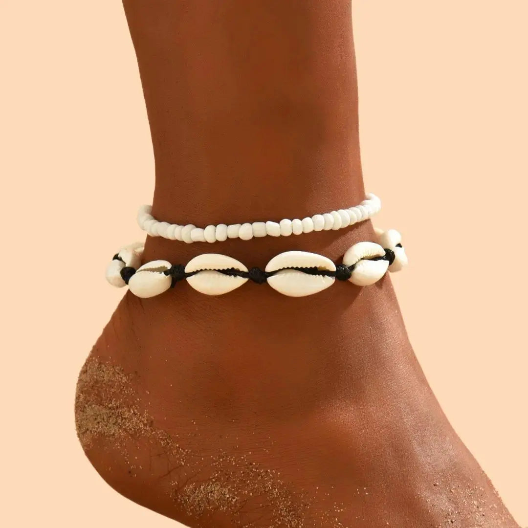 2PCS Bohemia Natural Shell Anklets For Women Small Resin Beads Summer Beach Shell Barefoot Ankle Bracelet Leg Chain Foot Jewelry