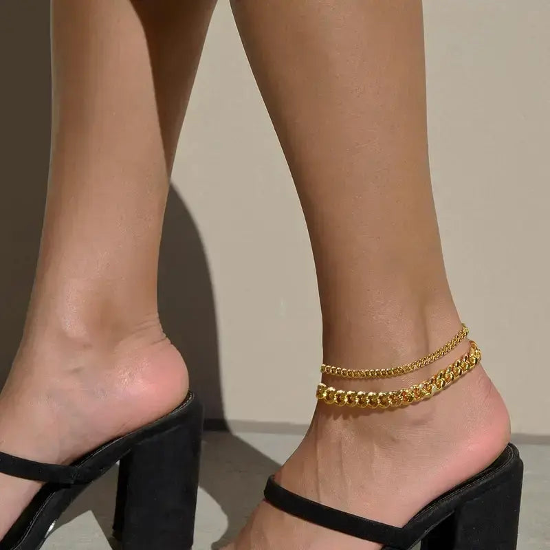 Chunky Cuban Link Chain Anklet for Women Waterproof Adjustable Length 8.5+2 Inch Fashion Chic Accessories Trendy Layered Anklet Set Jewelry Gift