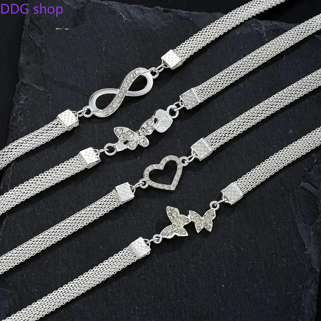 4Pcs Shiny Stackable Anklet Set for Women, Elegant Butterfly & Heart Design with Synthetic Zirconia, Fashion Chain Foot Jewelry, Versatile Daily Wear Accessory & Perfect Gift