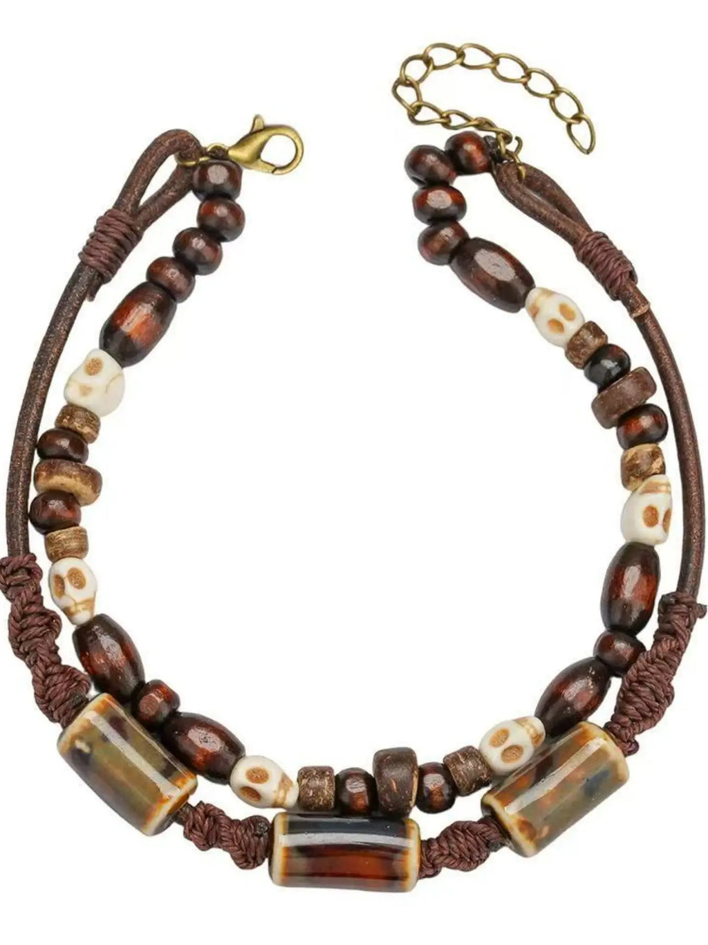 Vintage Double Layer Leather Skull Beaded Ankle Bracelet Anklets, Bohemian Style Boho Adjustable Men's Footwear Accessory Foot Jewelry, Elegant Gift Box Packaging