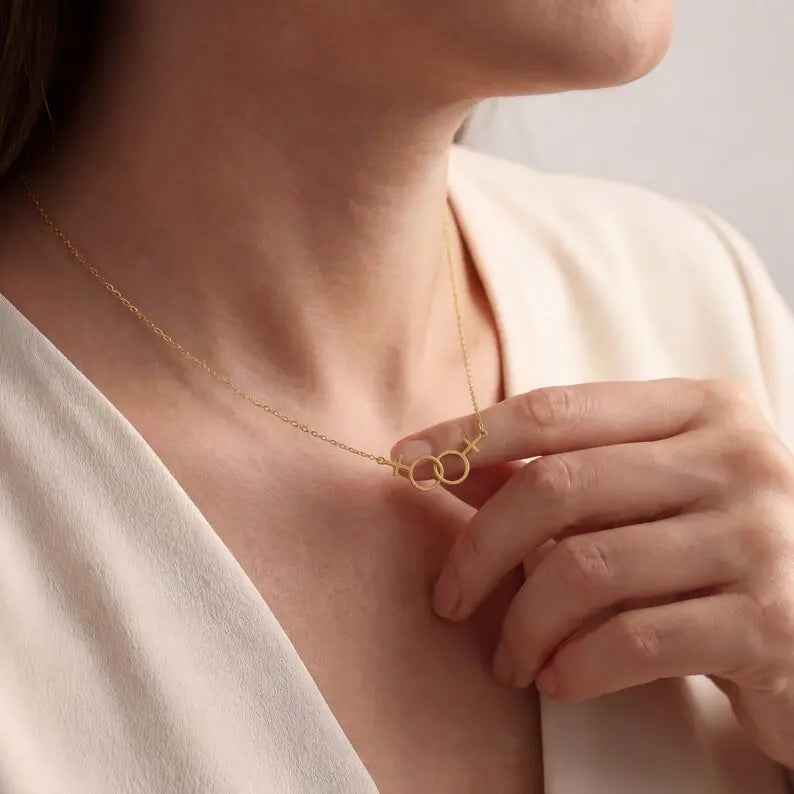 Modmints Minimalist Double Venus Necklace - Lesbian Pride Identity Jewelry, Women's Gold/Silver/Rose Gold Pendant, Adult Accessory, Gift Necklace