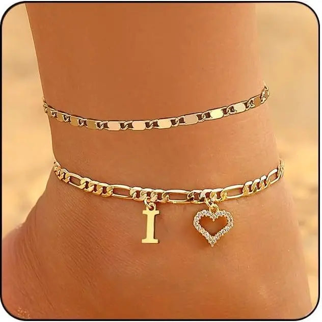 Women's Initial Heart Charm Anklet - Adjustable Gold-Plated Waterproof Anklets for Women with Gold Accents, Ideal for Summer Beach Wear or Romantic Gifting, Gold Accents Anklets