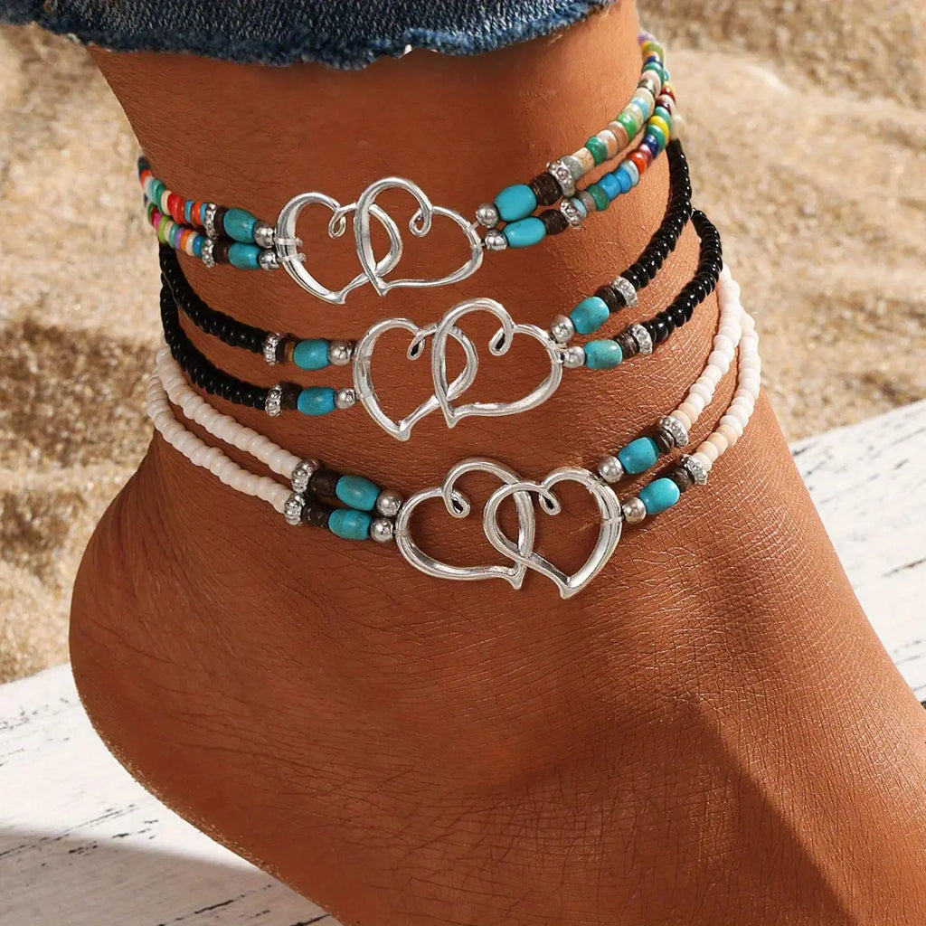 Female 3-Piece Boho Charm Anklets - Multi-Layered Beaded Heart Alloy Jewelry, Leisure & Outdoor Accessory for Summer Beach Vacation
