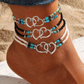 Female 3-Piece Boho Charm Anklets - Multi-Layered Beaded Heart Alloy Jewelry, Leisure & Outdoor Accessory for Summer Beach Vacation