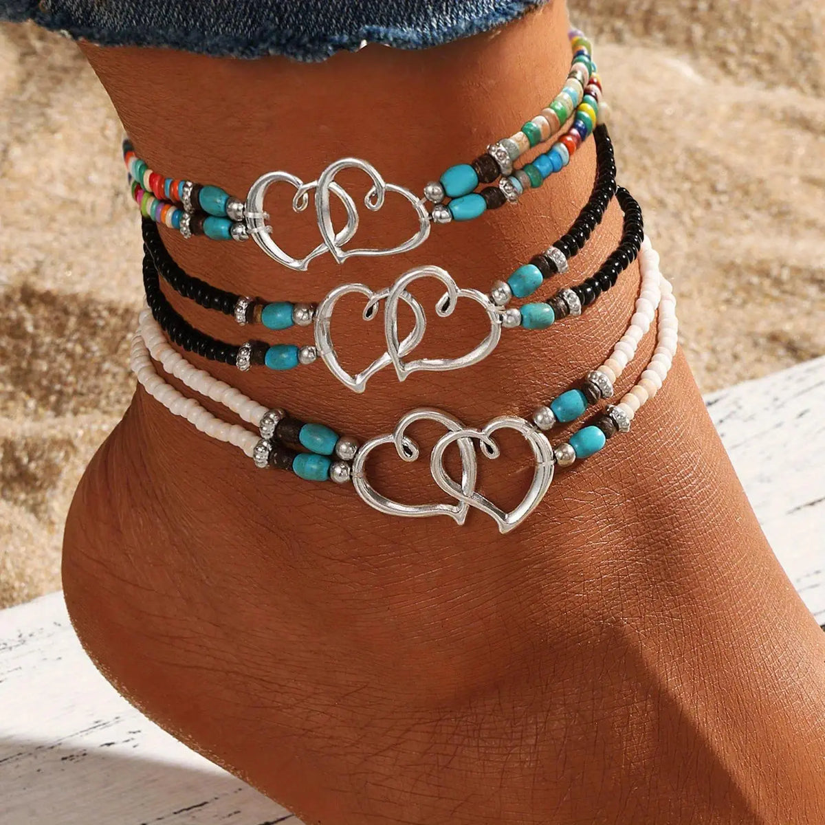 Female 3-Piece Boho Charm Anklets - Multi-Layered Beaded Heart Alloy Jewelry, Leisure & Outdoor Accessory for Summer Beach Vacation